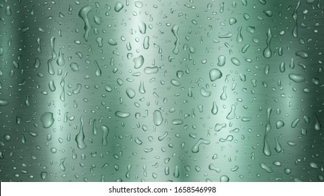 Background with drops and streaks of water in turquoise colors, flowing down the metal surface