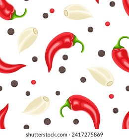 Fondo con pimientos secos, clavos de ajo y pimientos picantes de chile rojo. Patrón de alimentos sin fisuras. Dibujo vectorial plano de las especias picantes.