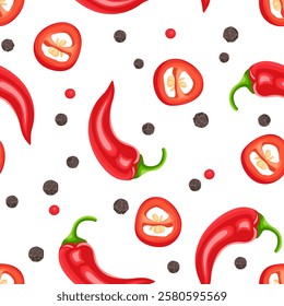 Background  with dry peppercorns, red hot chili peppers whole and slices. Food seamless pattern. Vector cartoon flat illustration of spicy spices.