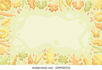 Background of dry tropical leaves arranged around the empty area of the center. The graphics are composed of bright yellow colors and minimalistic shapes.