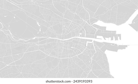 Background Dublin map, Ireland, white and light grey city poster. Vector map with roads and water. Widescreen proportion, digital flat design roadmap.