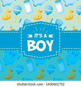 background duck rattle bottle decoration baby shower card vector illustration