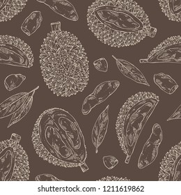 Background with durian: fruit and leaves. Vector hand drawn illustration.
