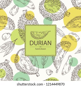 Background with durian: fruit and leaves. Vector hand drawn illustration.