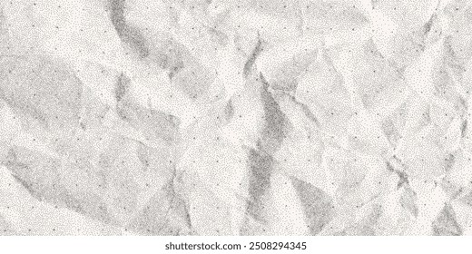 Background with dusty gritty dot effect, texture of crumpled folded paper, grunge overlay. Old dirty notebook sheet, template for banner, empty page.