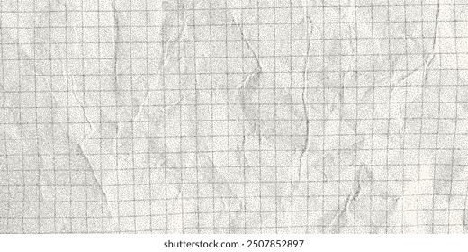 Background with dusty gritty dotted effect, texture of crumpled checkered paper, grunge overlay. Old dirty notebook sheet, template for banner, place for text.