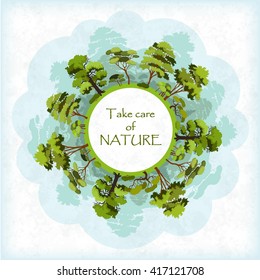 Background with Earth, atmosphere and forests. Take care of Nature. World environment day concept. Earth day. Vector illustration
