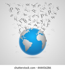 Background with earth and flying letters. Vector illustration