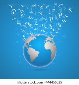 Background with earth and flying letters. Vector illustration