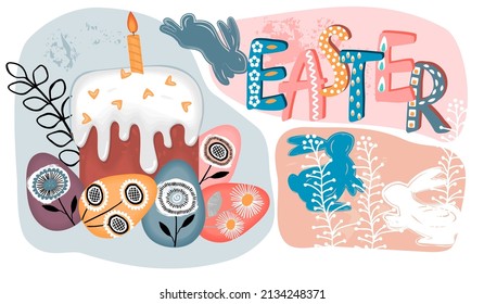 Background with Easter cake,painted eggs,silhouettes of hares,foliage line art,abstract shapes and hand lettered text in pastel colors on white.Hand drawn vector illustration for Easter holydays.