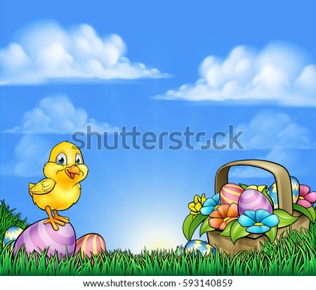 A background with Easter eggs and cartoon cute yellow chick