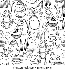 Background with Easter eggs, decor, chickens, Easter cake. Easter decor, rabbit ears. Coloring book for children and adults. for textiles, design, packaging, paper. Isolate. Stock graphics.