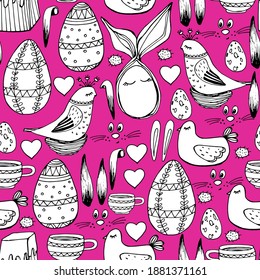 Background with Easter eggs, decor, chickens, Easter cake. Easter decor, rabbit ears. Coloring book for children and adults. for textiles, design, packaging, paper. Isolate. Stock graphics.