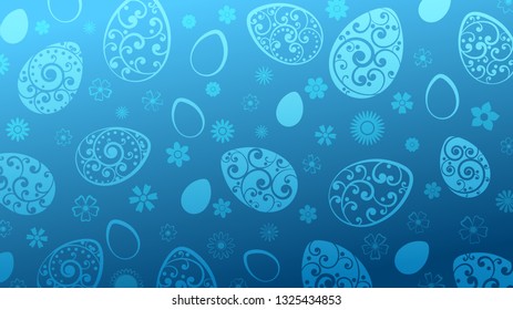 Background of Easter eggs and flowers in blue colors