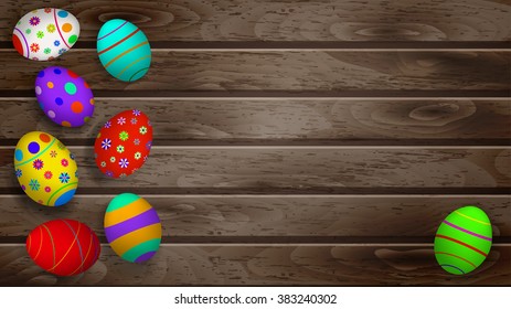 Background with Easter eggs on wooden planks