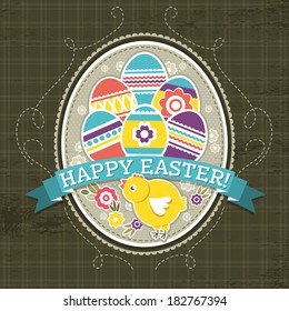 background with easter eggs and one chick, vector illustration