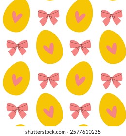 Background Easter eggs and pink bows, a symbol of Easter, decorative vector elements. Seamless pattern for wrapping paper, fabric, etc. Simple design with colorful Easter eggs.