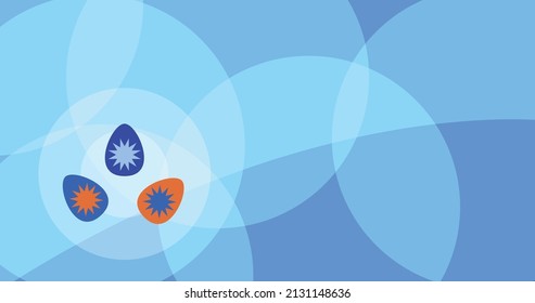 Background for Easter greening card with colorful eggs. Blue abstract backdrop.