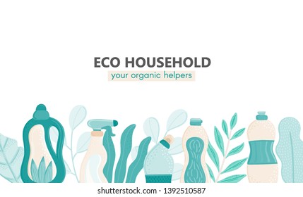 Background with eco friendly household cleaning supplies and leaves. Natural detergents. Products for house washing. Green home. Flat design. Banner, brochure, lable, package. Vector illustration