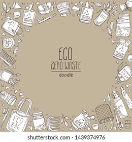 Background with eco-friendly sings and zero waste icons. Hand drawn vector doodles illustration.