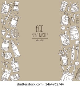 Background with eco-friendly sings and zero waste icons. Hand drawn vector doodles illustration.