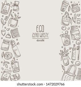 Background with eco-friendly sings and zero waste icons. Hand drawn vector doodles illustration.