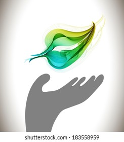 Background with ecological environment icon - gray hand and green abstract leaf, VECTOR
