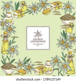 Background with edelweiss, edelweiss flowers, soap and bath salt . Cosmetic and medical plant. Vector hand drawn illustration. 
