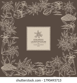 Background with edelweiss, edelweiss flowers, soap and bath salt . Cosmetic and medical plant. Vector hand drawn illustration. 