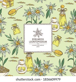 Background with edelweiss, edelweiss flowers, soap and bath salt . Cosmetic and medical plant. Vector hand drawn illustration. 