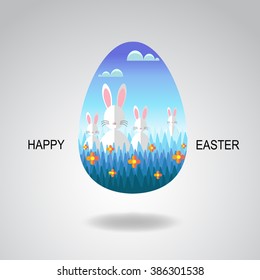 Background with egg, rabbits and landscape, vector illustration. Happy Easter greeting card