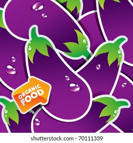 Background from eggplants with an arrow by organic food. Vector illustration.
