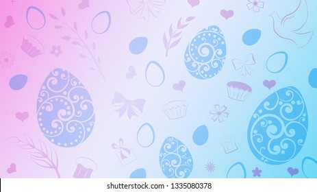 Background of eggs, flowers, cake, gift box and other Easter symbols in light blue and purple colors