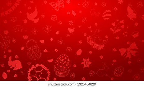 Background of eggs, flowers, cakes, hare, hen, chicken and other Easter symbols in red colors