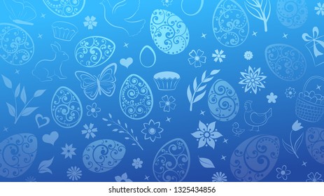 Background of eggs, flowers, cakes, hare, hen, chicken and other Easter symbols in light blue colors