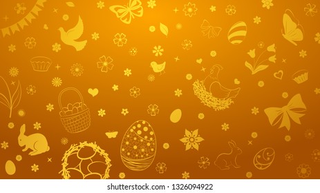 Background of eggs, flowers, cakes, hare, hen, chicken and other Easter symbols in golden colors