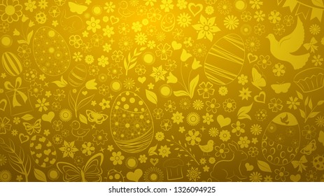 Background of eggs, flowers, cakes, hare, hen, chicken and other Easter symbols in golden colors