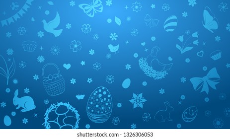 Background of eggs, flowers, cakes, hare, hen, chicken and other Easter symbols in blue colors