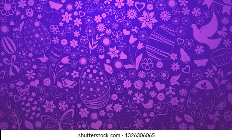 Background of eggs, flowers, cakes, hare, hen, chicken and other Easter symbols in purple colors