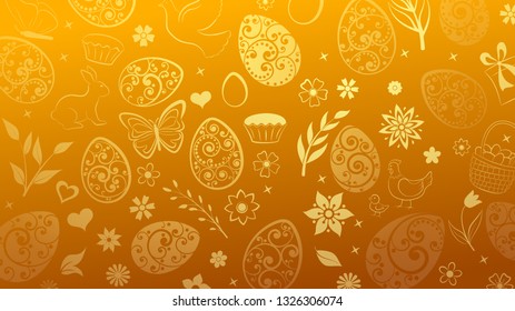 Background of eggs, flowers, cakes, hare, hen, chicken and other Easter symbols in golden colors