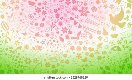 Background of eggs, flowers, cakes, hare, hen, chicken and other Easter symbols in beige and light green colors