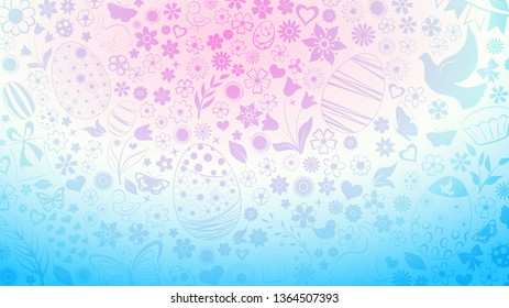 Background of eggs, flowers, cakes, hare, hen, chicken and other Easter symbols in light blue and purple colors