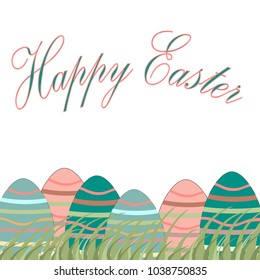 
background with eggs with a pattern on the grass on a white background with text, easter spring easter