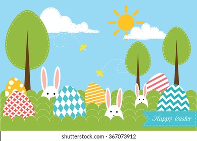 Background with eggs, trees, rabbits and landscape, vector illustration. Happy easter greeting card