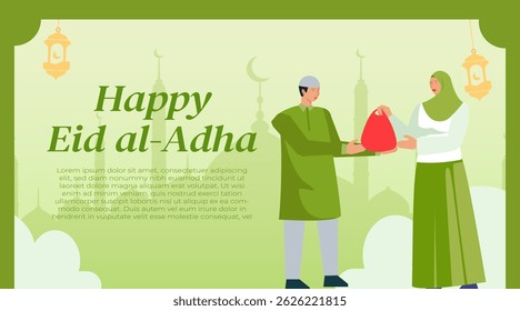 Antecedentes de la celebración de Eid al-Adha con ilustración de personajes que da carne urbana musulmana. Fiesta islámica, sacrificio de animales y saludo comunitario Concepto Vector