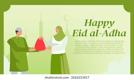 Background of Eid al-Adha Celebration with Character Illustration giving Muslim qurban meat. Islamic Feast, Animal Sacrifice, and Community Greeting Concept Vector