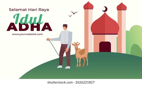 Background of Eid al-Adha Celebration with Illustration of Muslim Man Carrying Goat. Islamic Feast, Animal Sacrifice, and Community Greeting Concept Vector