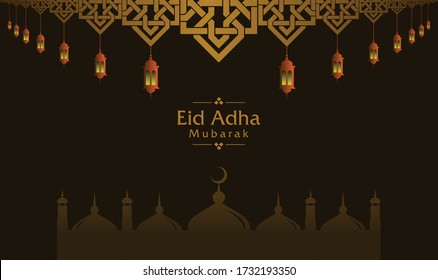 Hintergrund Eid al-Adha Mubarak Islami mit einer Moschee, Ornamenten und goldenen Lichtern