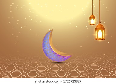 background of Eid al-Fitr with lights and crescent moon, gold color