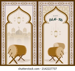 The background of the Eid greeting post. golden mosque illustration as greeting card. 